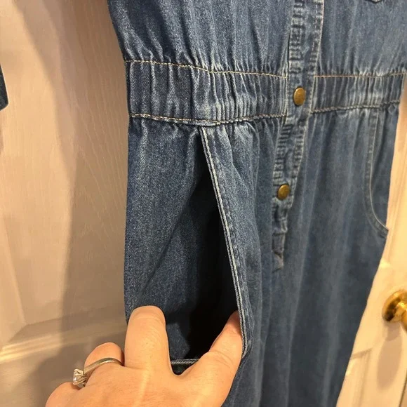 VTG IDEAS Denim Jumpsuit Women Medium Blue Wash Button Front Utility 3/4 Sleeves - Picture 6 of 11
